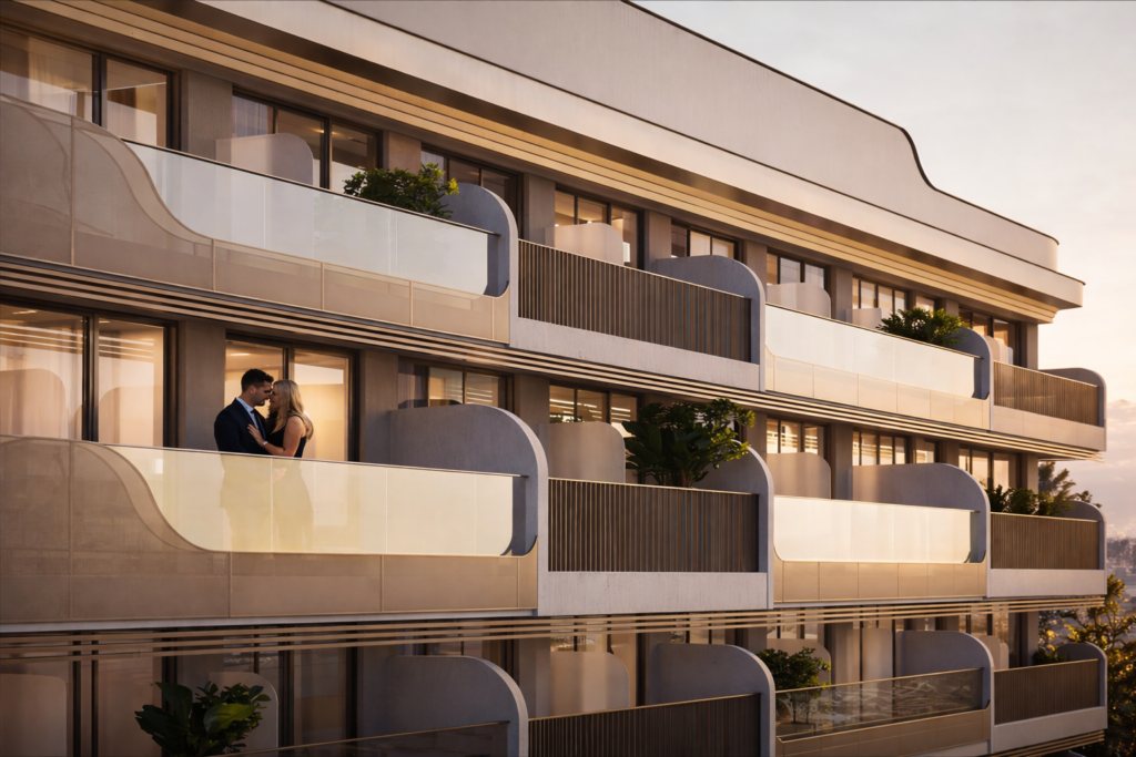Couple embracing on a curved balcony of a new residence at dusk, the reward of buying off plan