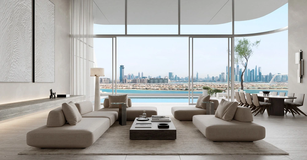 Spacious living room in modern apartments with floor-to-ceiling windows overlooking the Dubai skyline