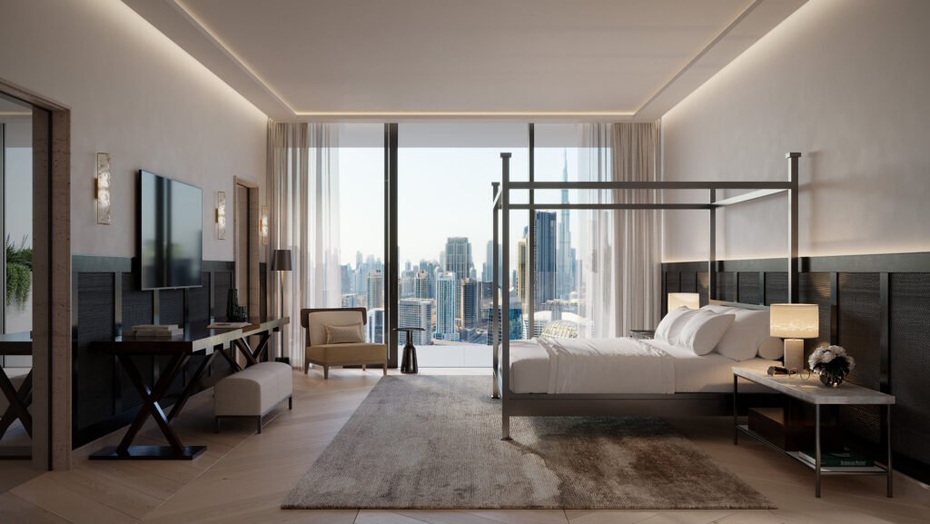 Elegant bedroom with a four-poster bed and Dubai skyline views in a luxury apartment for rent